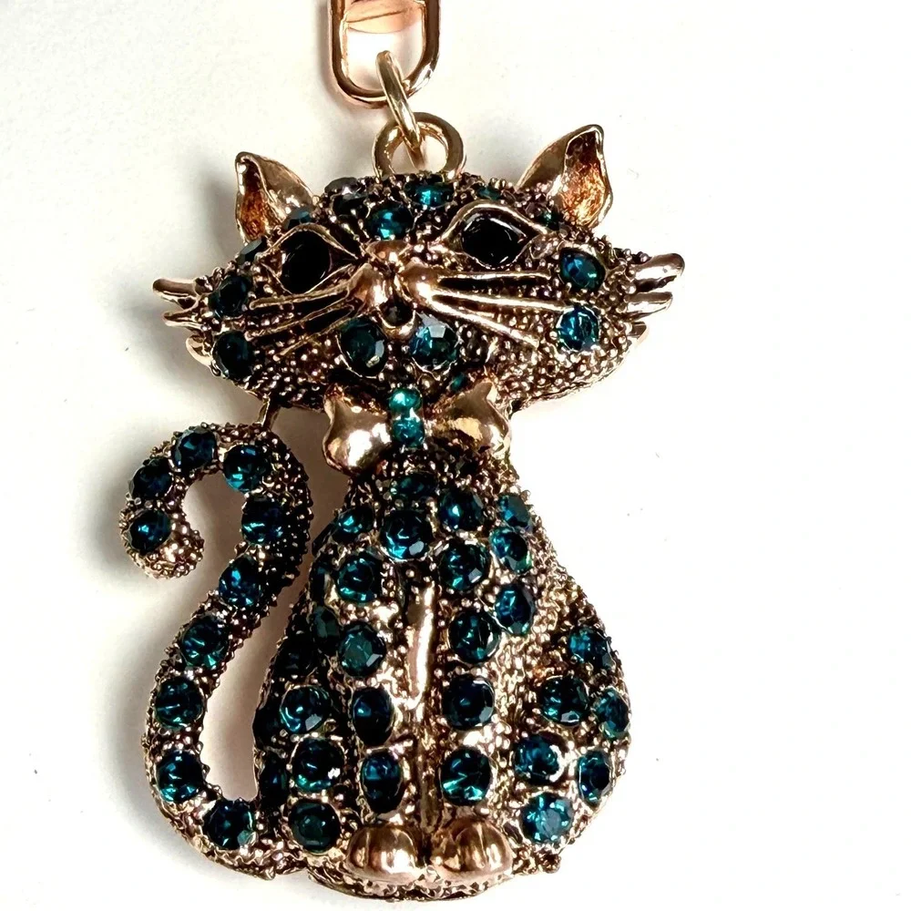 Whimsical Keychain Cat‎ Emerald Teal Rhinestone Gold Boho Bag Charm Gift Kitty